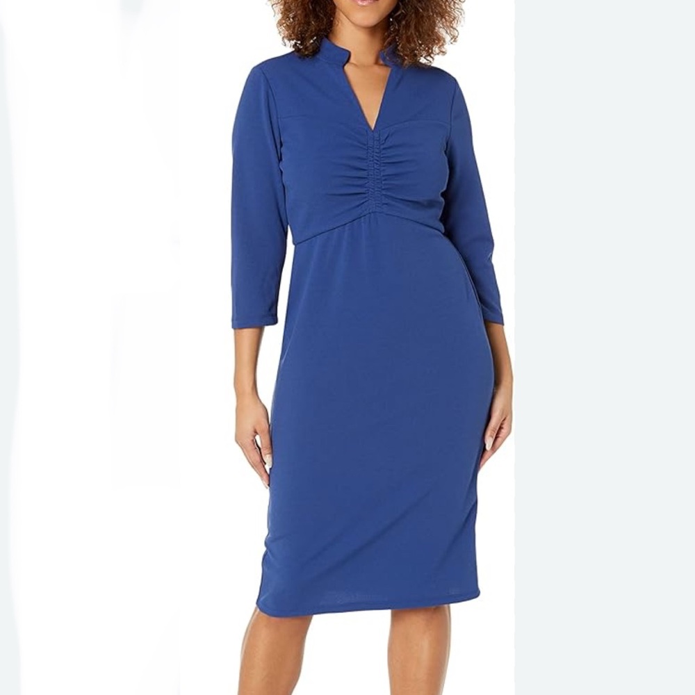 Donna Morgan Blue Ruched Wrap Midi Dress